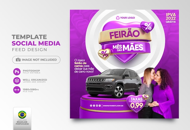 Post social media Mother's month fair in portuguese 3d render for marketing campaign in brazil