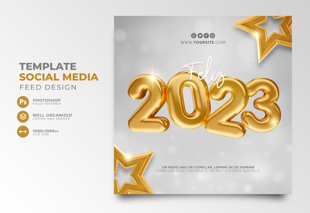 Post social media new year 2023 in portuguese 3d render template for marketing campaign in brazil