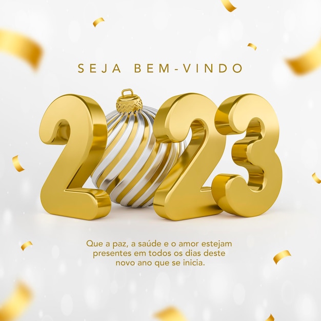 Post social media new year 2023 in portuguese 3d render template for marketing campaign in brazil