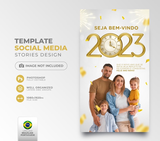 Post social media new year 2023 in portuguese 3d render template for marketing campaign in brazil