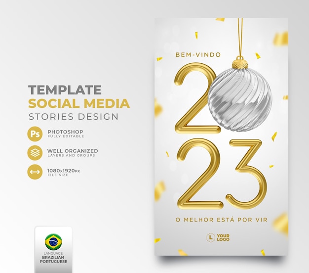 Post social media new year 2023 in portuguese 3d render template for marketing campaign in brazil