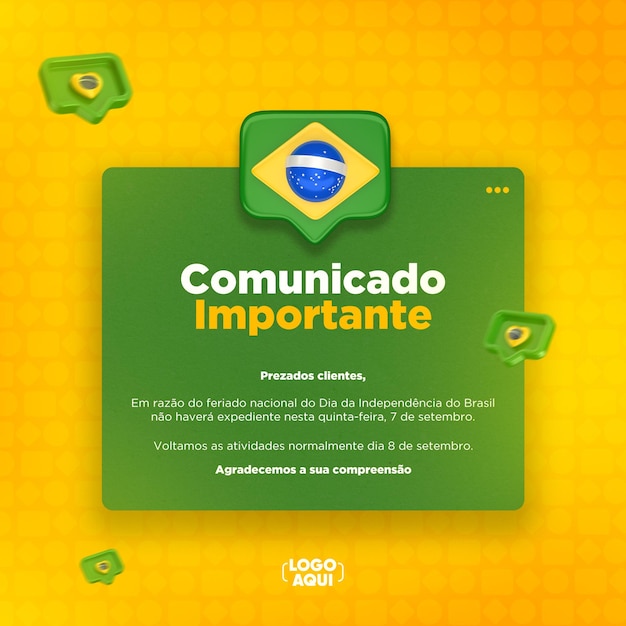 post social media notice brazil independence day in 3d render portuguese