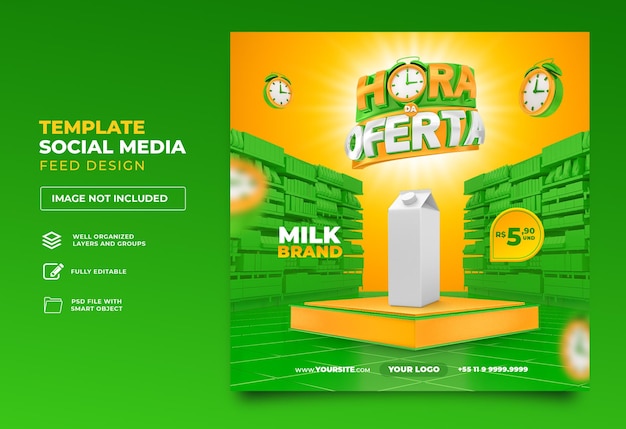 Post social media offer of the hour in brazil render 3d template design in portuguese