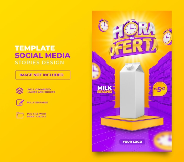 Post social media offer of the hour in brazil render 3d template design in portuguese