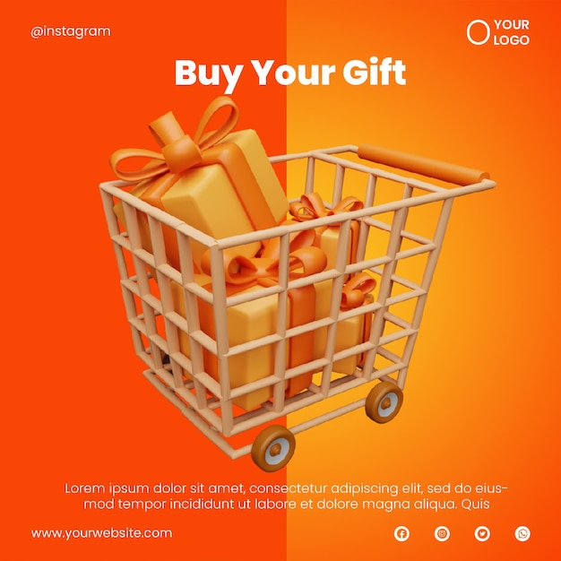 Post social media shopping cart and gift icon 3d render