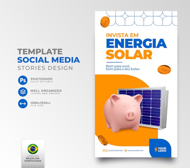 Post social media solar energy in portuguese 3d render for marketing campaign in brazil