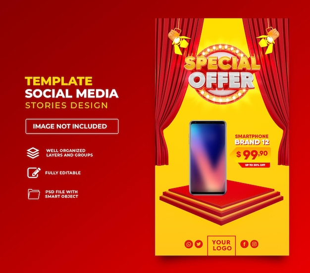 Post social media Special offer in 3d render with yellow and red background template design