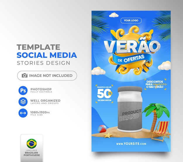 Post social media summer of offers in brazil 3d render template for marketing campaign in portuguese