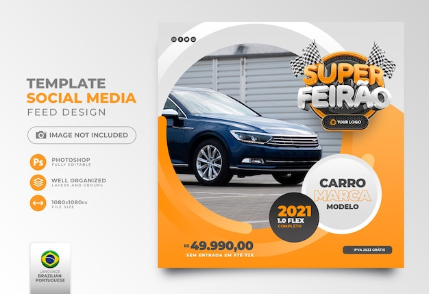 Post social media Super Car Fair in portuguese 3d render for marketing campaign in brazil