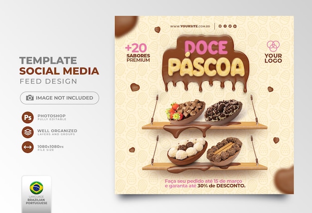 Post social media Sweet easter 3d render template design in portuguese