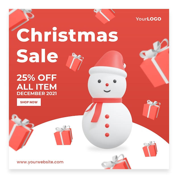 PSD post template discount sale celebrating christmas 3d rendering 3d illustration premium psd