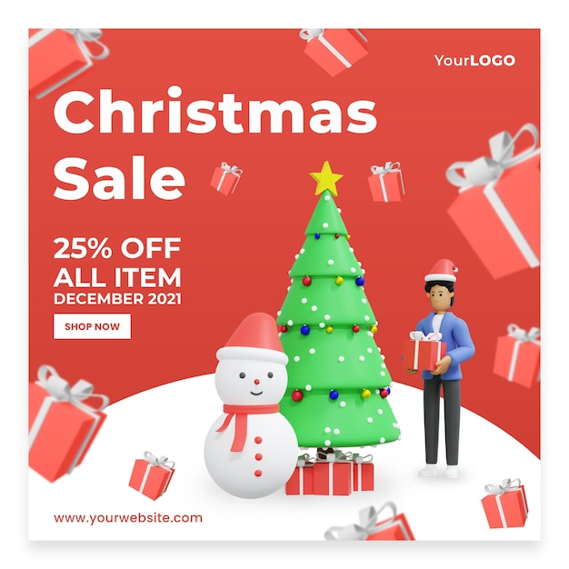 Post template discount sale celebrating christmas 3d rendering 3d illustration Premium Psd