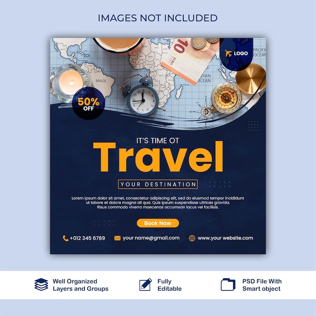 Post travel social media tourism agency banner post template design Editable travel psd templet