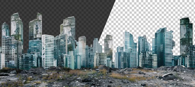 PSD a postapocalyptic cityscape of ruined skyscrapers cut out stock png