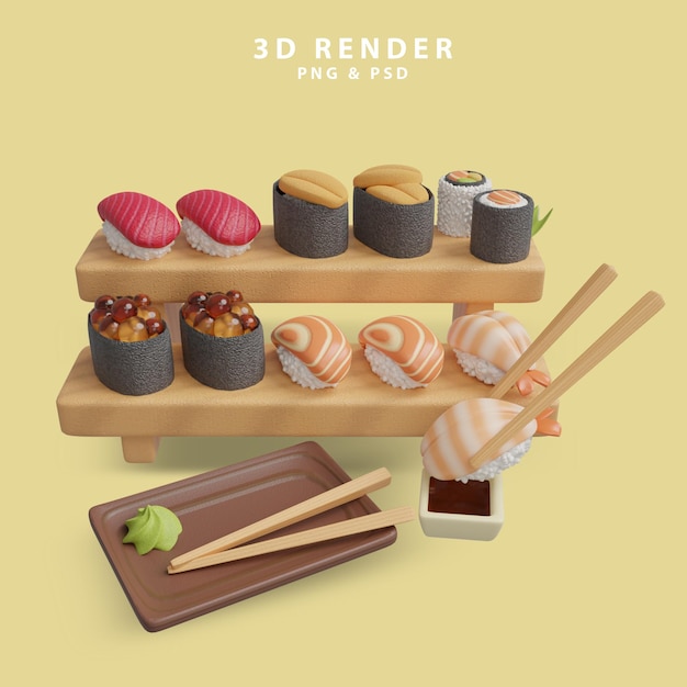 A poster for 3d renderer with sushi on the shelf.