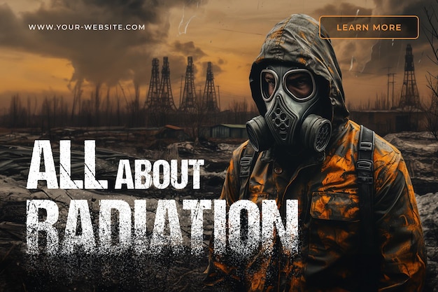 Poster about radiation with a man in a radiation protection suit in a polluted environment