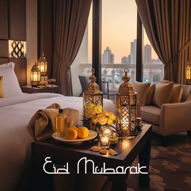 A poster of an arabic house with Eid Mubarak concept