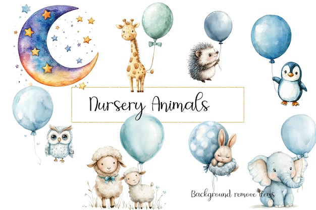 PSD a poster for a baby animals for a nursery nursey animals with balloons nursery decor animal theme