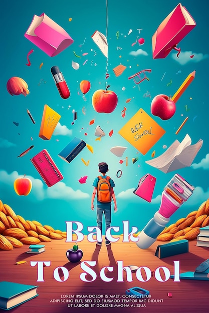 PSD a poster for back to school with a backpack and books in the background