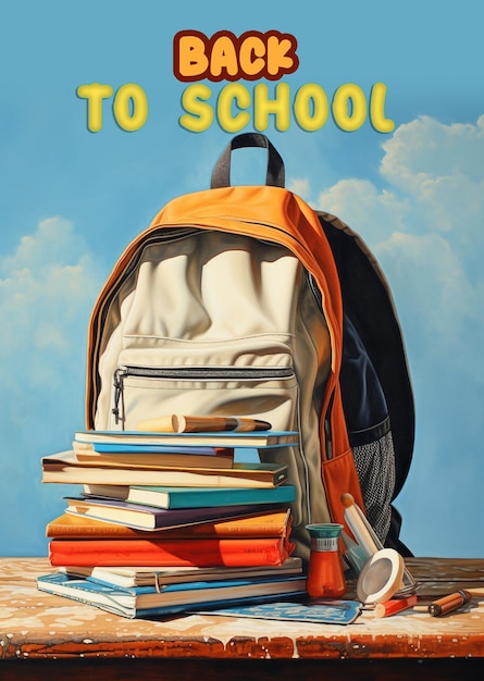 a poster for back to school with a girl running and a school with the words back to school