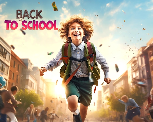 a poster for back to school with a girl running and a school with the words back to school