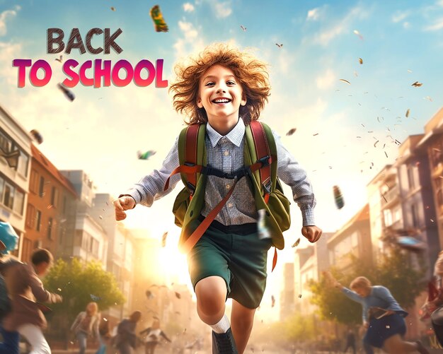 PSD a poster for back to school with a girl running and a school with the words back to school