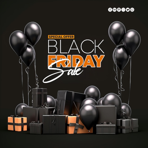 a poster of balloons and boxes with a black background that says black friday on it