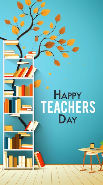 poster Or banner for teachers day with books on a blue background