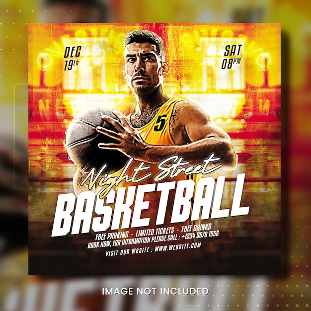 A poster for a basketball game with a man in a yellow and orange uniform.