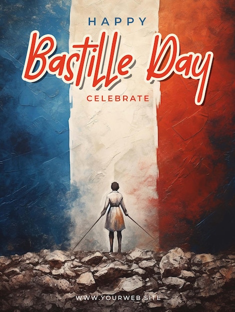 A poster for bastille day celebrating with a woman in a dress and a flag on the bottom.