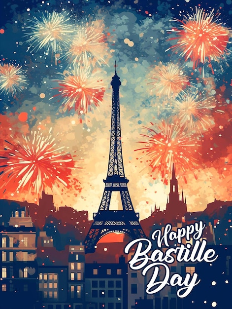 A poster for bastille day with fireworks in the background.