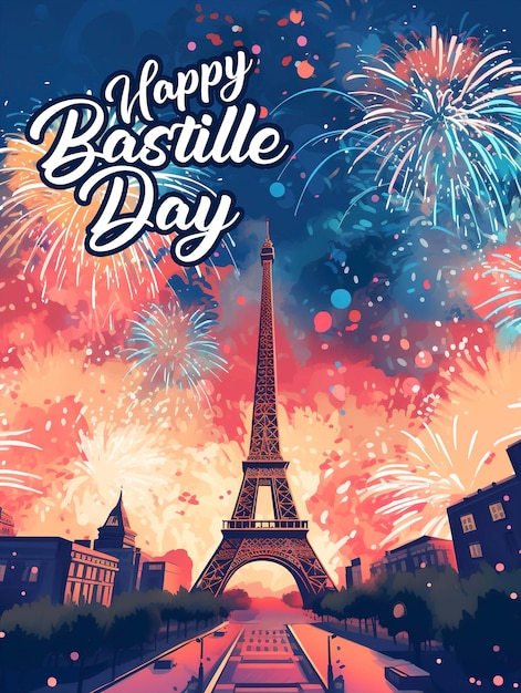 A poster for bastille day with fireworks in the background.