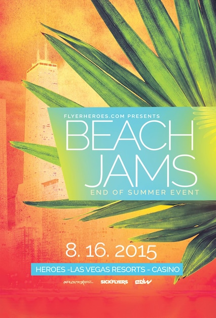 a poster for beach jams with a palm tree in the background