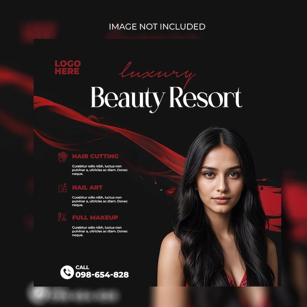 PSD a poster for beauty resort hotel showing a woman in a red dress