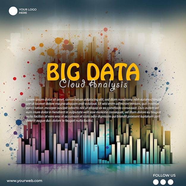 A poster for big data cloud analysis with colorful buildings and a colorful background.