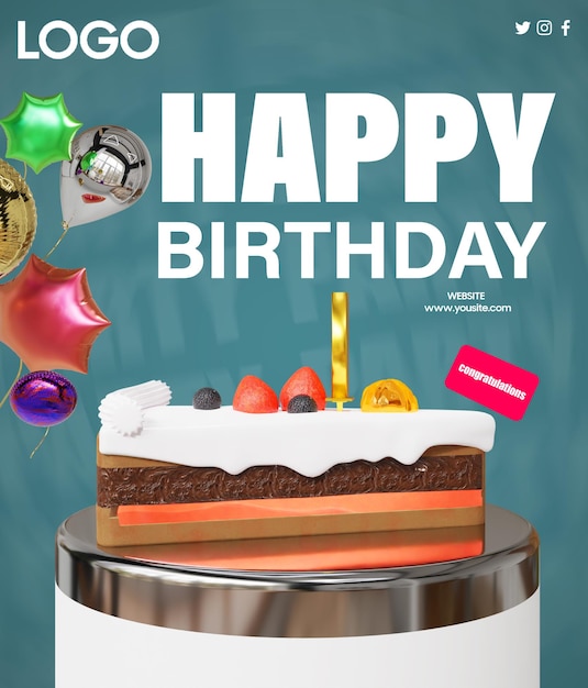 A poster for a birthday with a cake on it that says happy birthday.