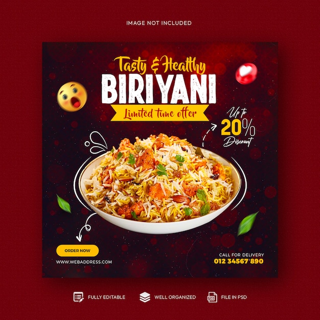 PSD a poster for biryani with a picture of a bowl of food on it.