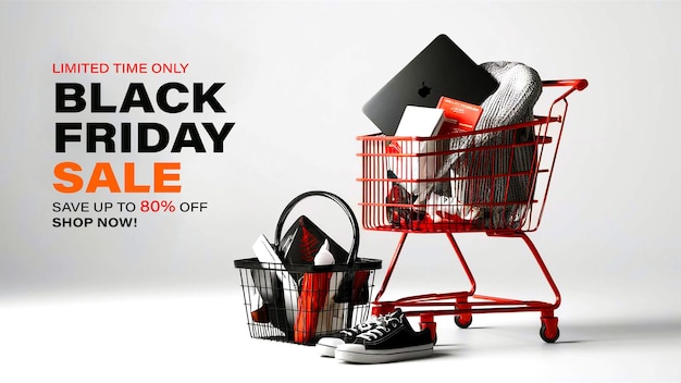 A poster for black friday sale with a shopping cart