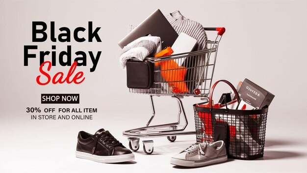 A poster for black friday sale with a shopping cart