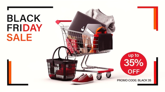 A poster for black friday sale with a shopping cart