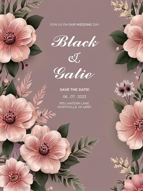 a poster for a black and white wedding with pink flowers and text