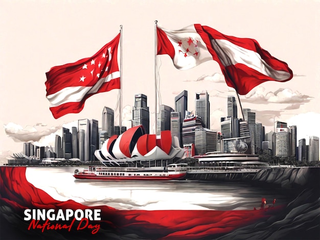 a poster of a boat with a red flag with the word Singapore national day background