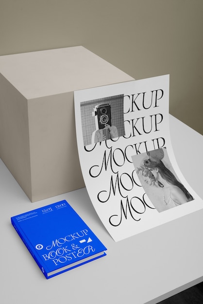 Poster and book in studio mockup