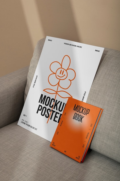 Poster and book in studio mockup