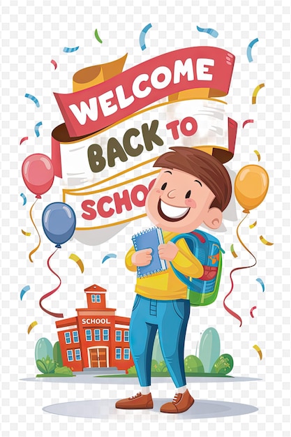 PSD a poster of a boy with a boy holding a book with the words welcome back to school