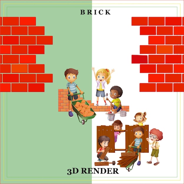 a poster for brick wall with a brick wall and children playing games