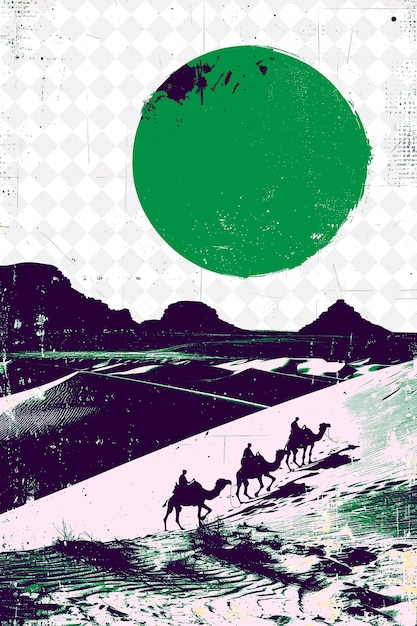 a poster for a camel caravan with mountains in the background