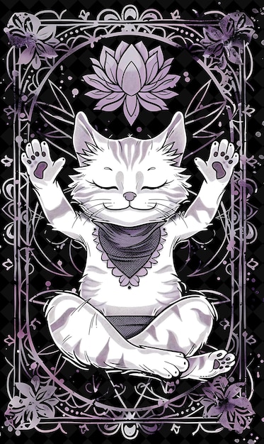 a poster of a cat with a purple background with a purple flower on it