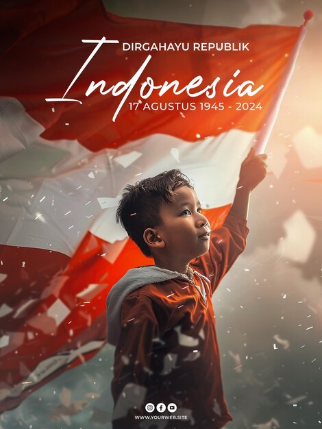 PSD poster celebration indonesian independence day with youth and flag background dirgahayu indonesia