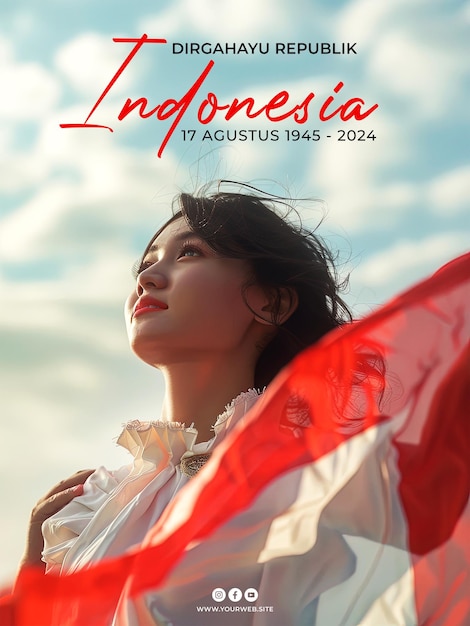 Poster celebration Indonesian Independence day with youth and flag background Dirgahayu Indonesia